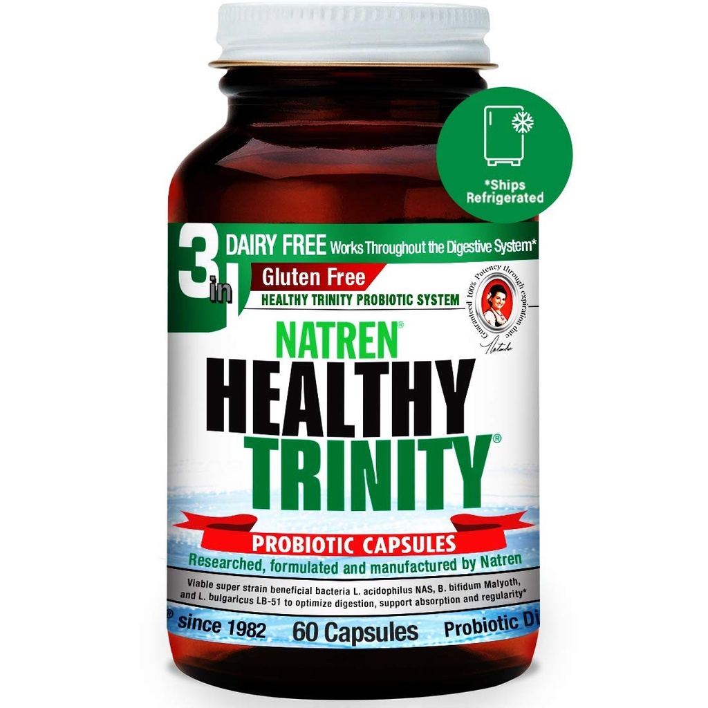 Natren Healthy Trinity Probiotics Supplement - 60 Dairy och Gluten Free Gel Capsules - Förbättra Gut och Digestive Health - 30 miljarder CFU - Lactobacillus Acidophilus, Bifidobacterium, Bulgaricus