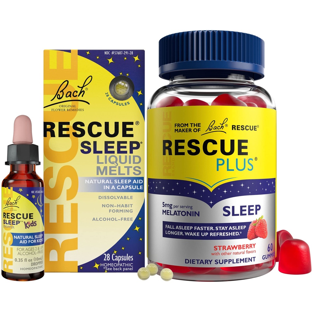 RESCUE Nighttime Sleep Aid Bundle, 3Pk - Bach Sleep Kids Dropper, 10mL Sleep Liquid Melts, 28Ct Plus Sleep Gummies med 5mg Melatonin / dos, 60Ct