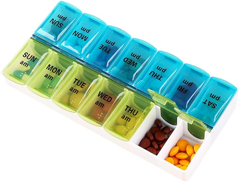 Weekly Pill Organizer Dispenser, 2 gånger om dagen, One-Side Open Pill Box 7 Day Medicine Planner för enkel fyllning, AM PM Pill Case för vitaminer, medicinering, kosttillskott, fiskoljor, blå + grön