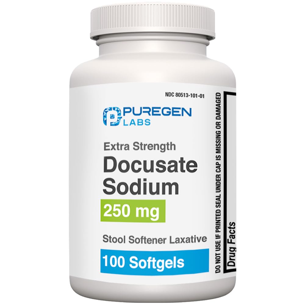 Puregen Labs Docusate Sodium 250mg Stool Softener Laxative | 100 softgels | Gentle Constipation Relief | Extra styrka | Stimulant Free