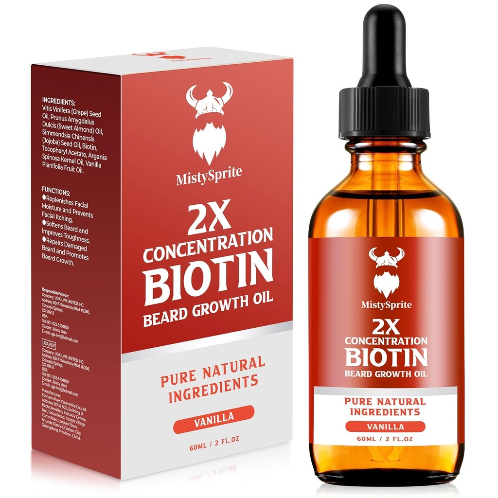 Beard Growth Oil - 2X Concentration Biotin för Män (2 oz) - Naturligt med Argan, Jojoba och Vitamin, Tillväxt Softener, Moisturizer (Vanilla)