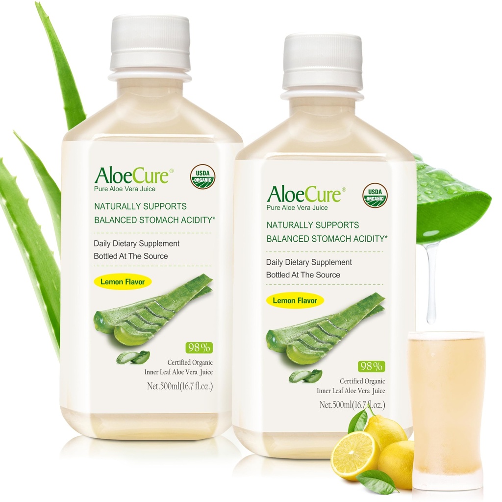 AloeCure USDA Organic Aloe Vera Juice Lemon Flavor - Tillverkad inom 12 timmar av skörd - Naturligt matsmältningstillskott för balanserad magsyra - Stöd Digestive and Immune Health, 2 Btls x 16.7oz