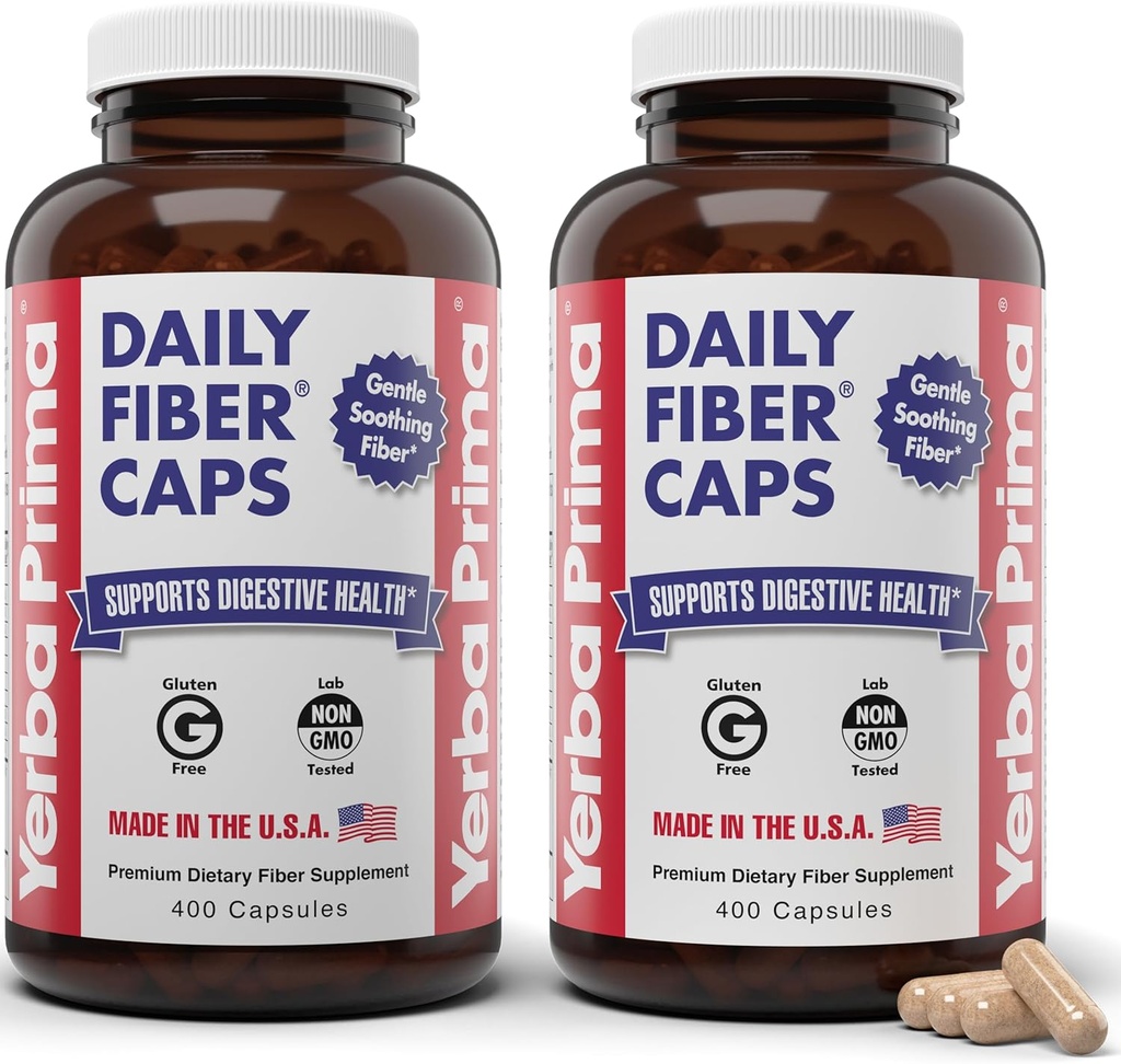 Yerba Prima Daily Fiber Caps Formel 400 Capsules (Pack of 2) - Både Soluble / Insoluble Fiber med Psyllium Seed Husks, Acacia Gum, Apple Fiber Supplement
