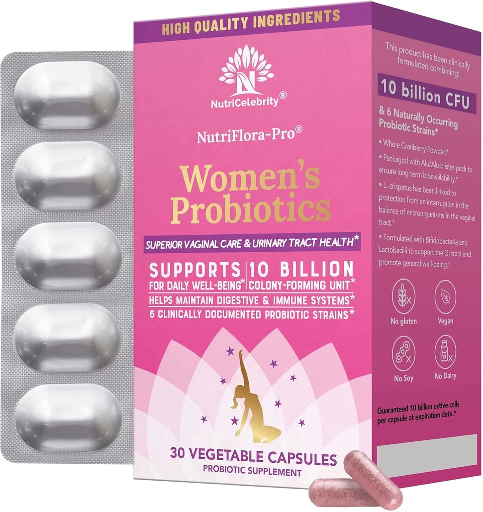 NutriCelebrity NutriFlora-Pro Probiotics for Women - Support Vaginal, Urinary Health (UTI), Digestive System, Period Pain, Yeast och BV Relief, Cranberry Pills, 10 miljarder CFU 6 Stammar (30 Caps)