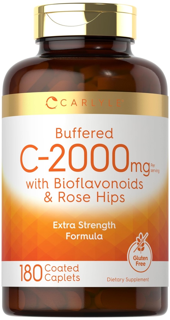 Carlyle Buffered Vitamin C | 2000mg | 180 Caplets | med Bioflavonoider och Rose HIPS | Vegetarisk, icke-GMO och Gluten fri tillägg