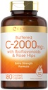 Carlyle Buffered Vitamin C | 2000mg | 180 Caplets | med Bioflavonoider och Rose HIPS | Vegetarisk, icke-GMO och Gluten fri tillägg