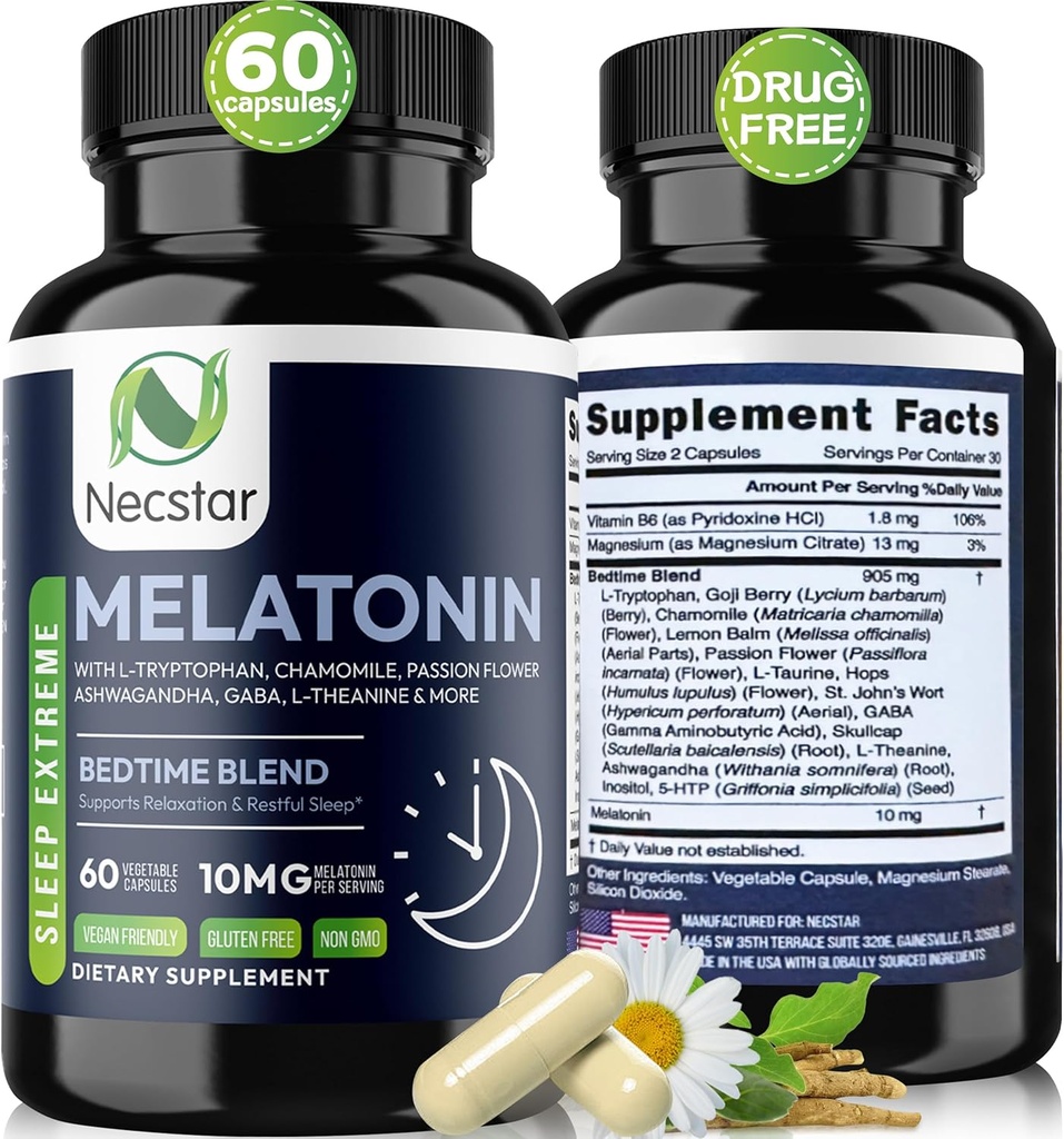 Necstar Melatonin 10mg, sömnhjälp för vuxna, extra styrka med Ashwagandha, Magnesium, L-Theanine, GABA, Lemon Balm och Chamomile Sleep Support Supplement, Vegan, Non-GMO, Gluten-Free, 60 kapslar