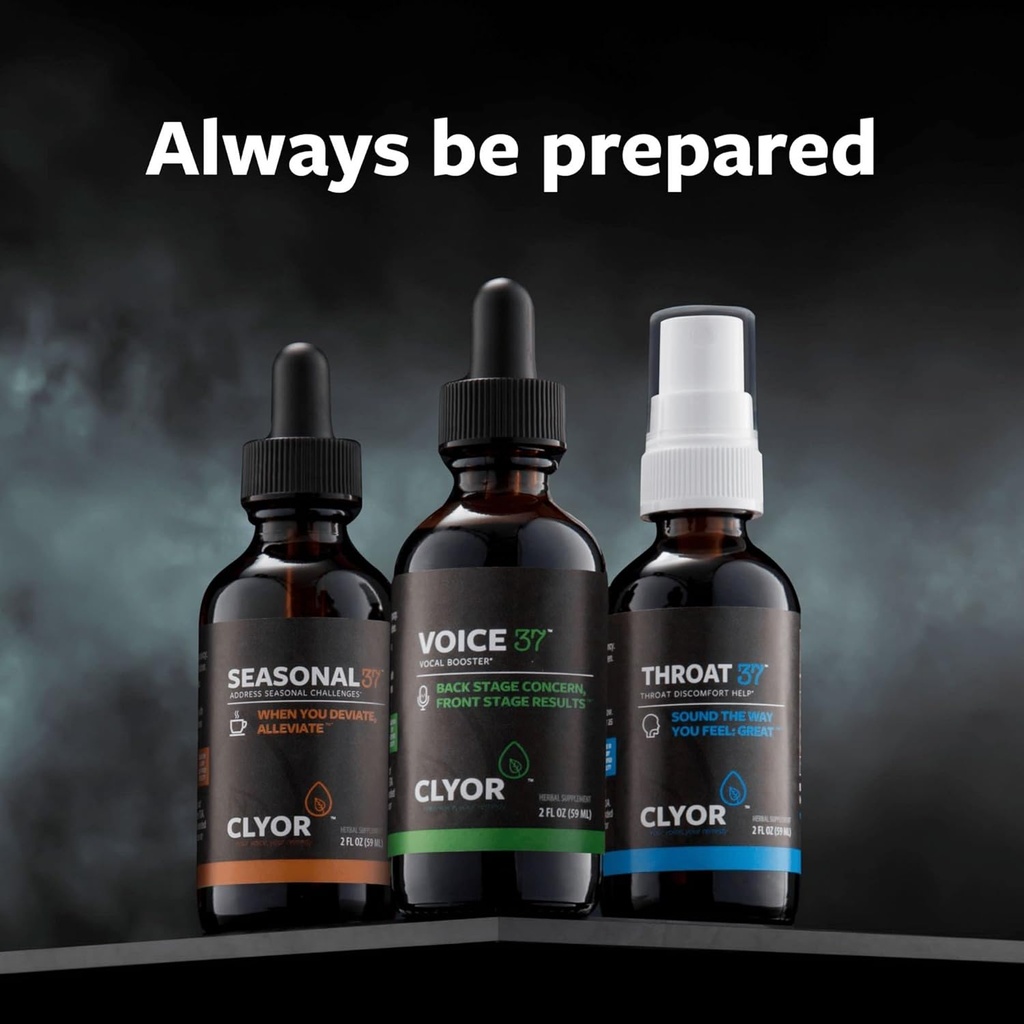 CLYOR Voice37 Singers Voice Remedy, Throat37 Sore Throat Remedy, Seasonal37 Cold Remedy - All Natural Vocal Booster, Sore Throat Remedy, Cold Remedy. Bundle av alla 3 flaskor