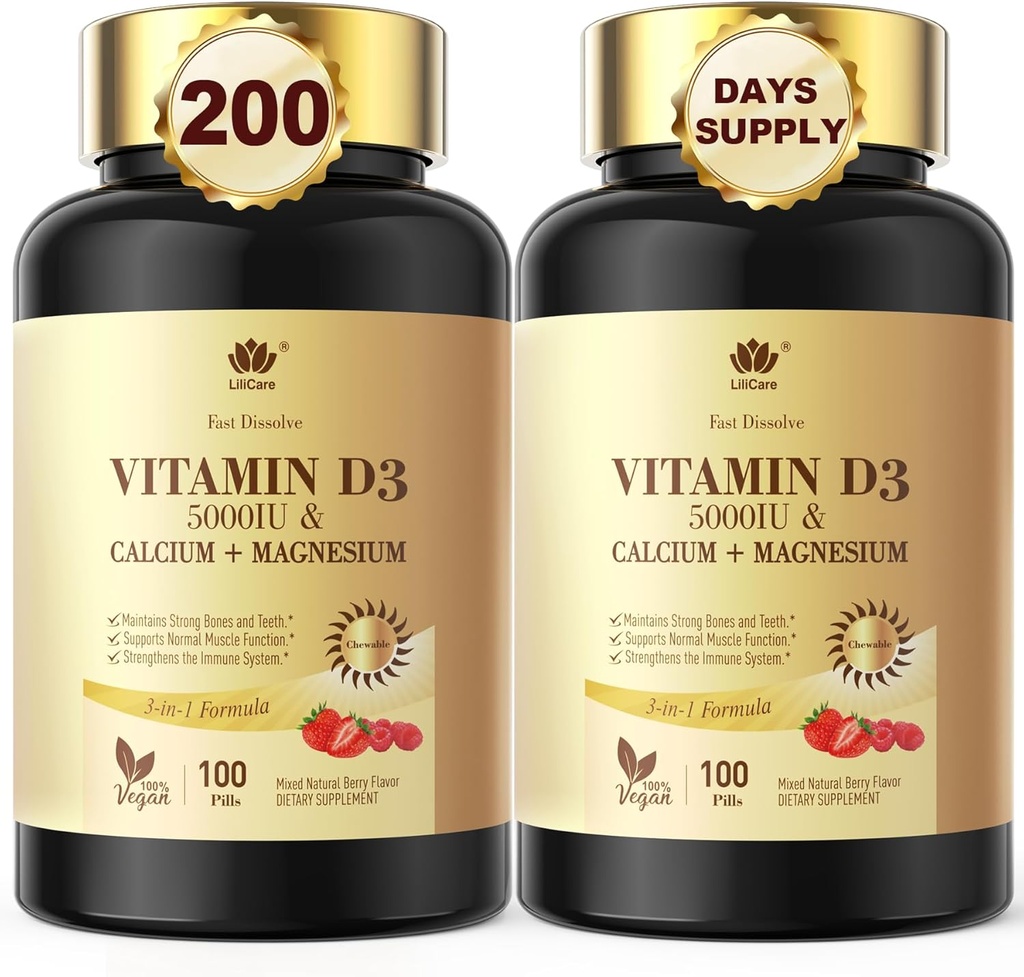 Snabbupplöst vitamin D3 5000IU med kalcium och magnesium - för snabb näringsabsorption-sockerfri tuggbar tillskott för benstyrka, tänder, muskel, immunhälsa,200 snabba smält tabletter