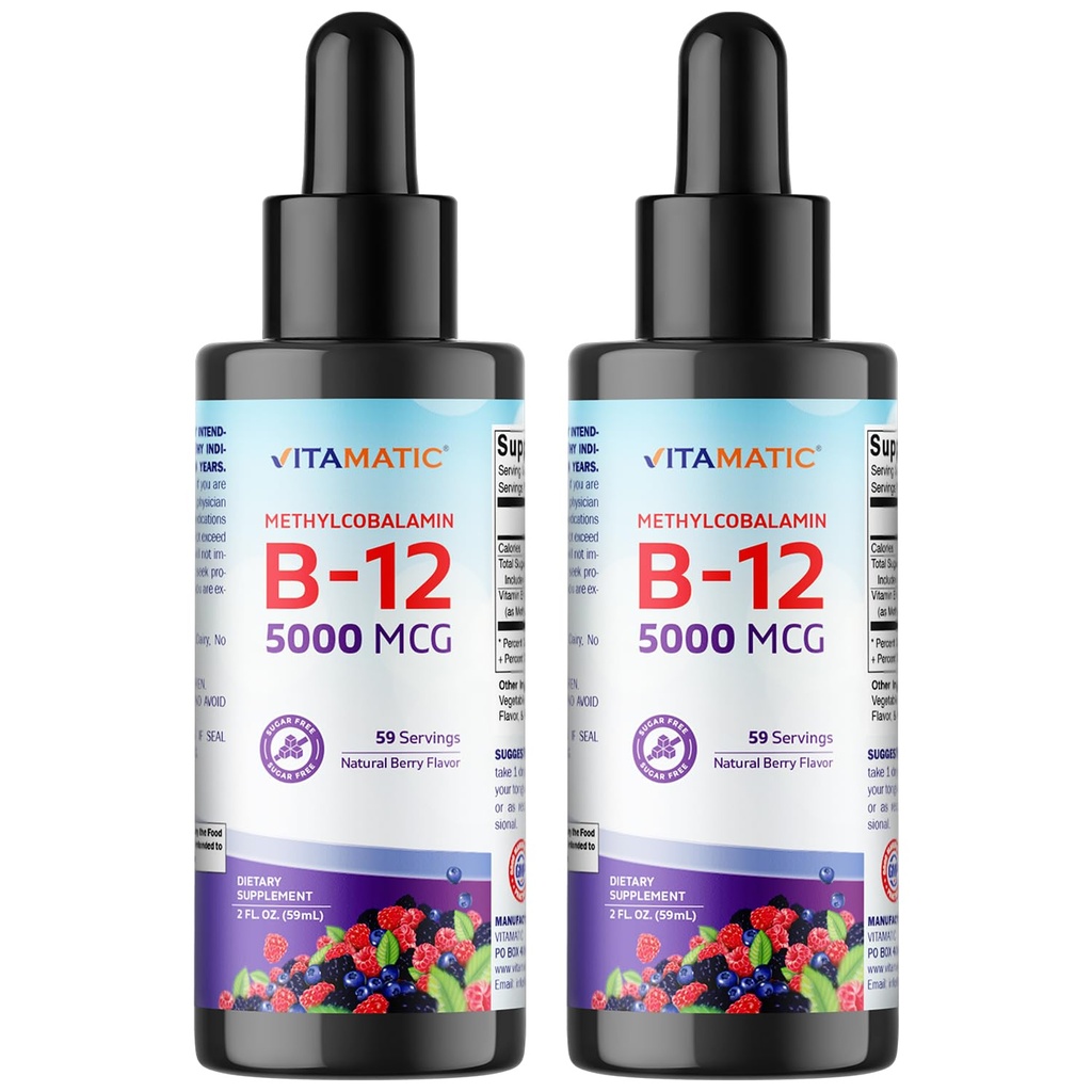 Vitamatic 2 Packs Fast Acting Liquid Vitamin B12 5000 mcg (Methylcobalamin) - Natural Berry Flavor - Sublingual Supplement - Snabbare Absorption - 2 OZ