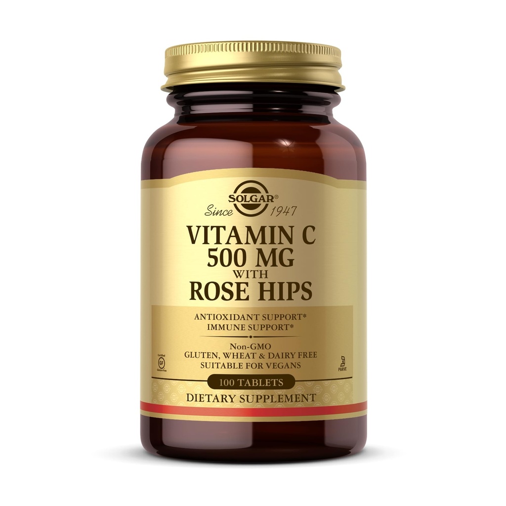 Solgar Vitamin C 500 mg med Rose HIPS, 100 tabletter - Antioxidant & Immune Support - Övergripande Hälsa - Stöder Hälsosamma hud & Joints - Non-GMO, Vegan, Gluten Free, Dairy Free, Kosher - 100 portioner