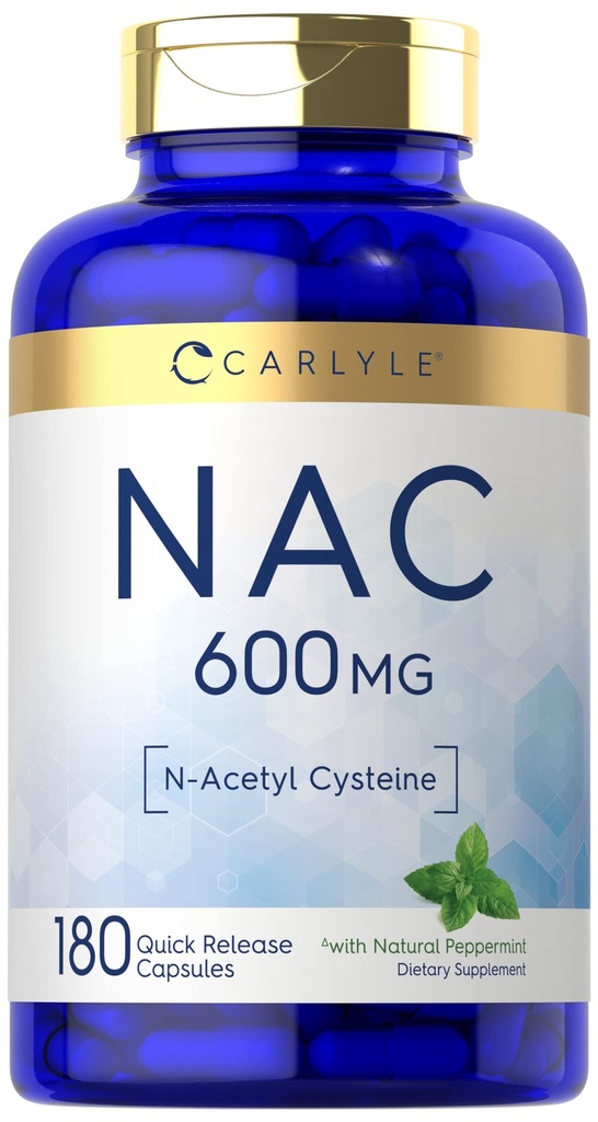 Carlyle NAC N-Acetyl Cysteine 600mg | 180 kapslar | med Peppermint | Gratis Form Supplement | Non-GMO, Gluten Free