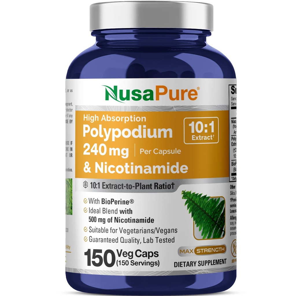 NusaPure Polypodium Nikotinamid 10:1 Extrakt, 240 mg Likvärdigt till 2 400 mg per Veg Caps - 150 greve (Non-GMO, Soyfree, Bioperine)