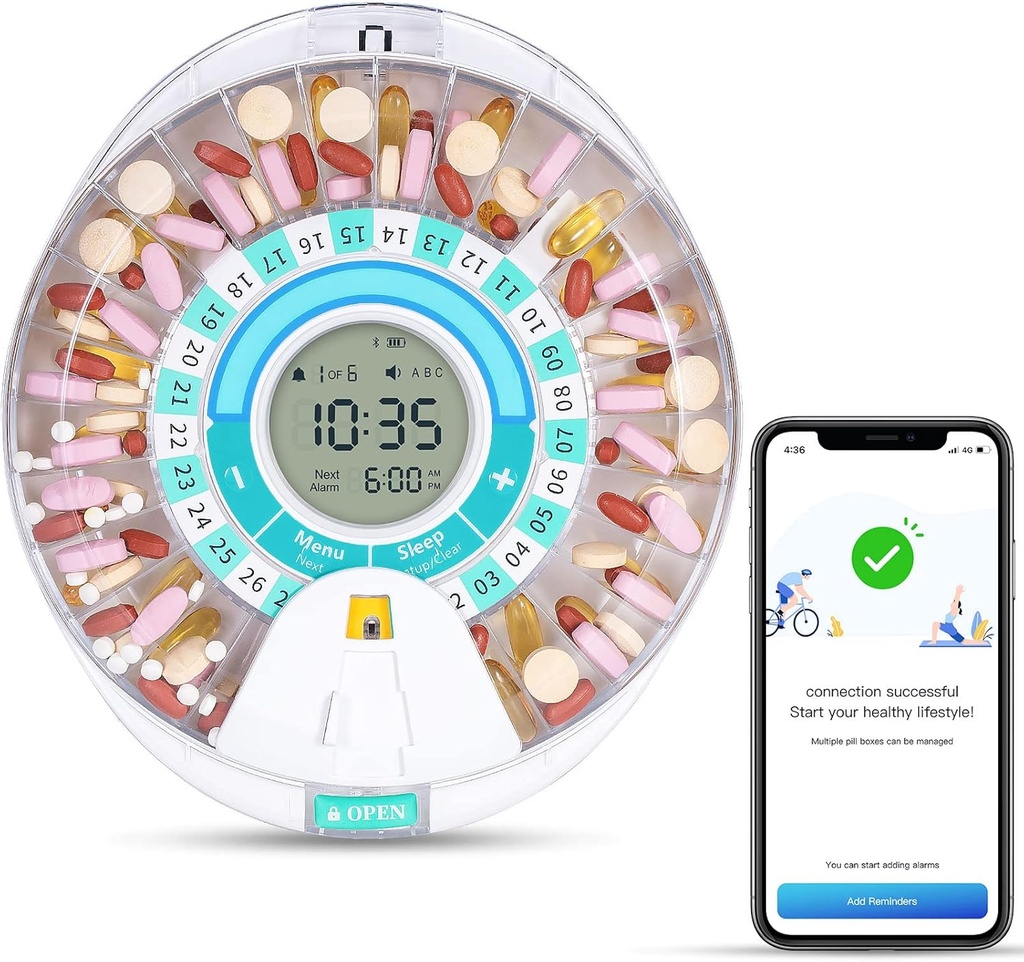 Zoksi New Bluetooth Smart Automatic Pill Dispenser, Elektronisk Medication Dispenser för äldre, 28 Kompartments Medicine Organizer med Triple påminnelse