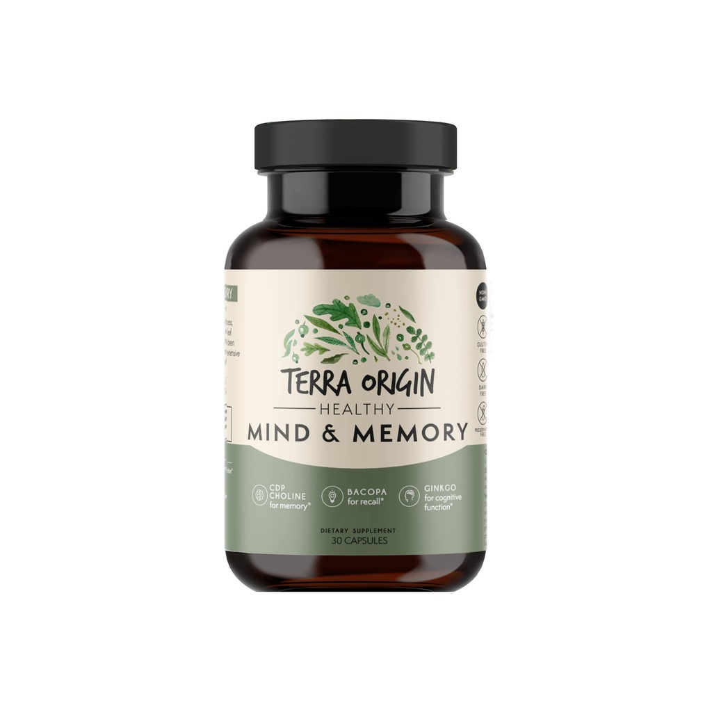 TERRA ORIGIN Healthy Mind and Memory Support Supplement | Cognitive Memory Matrix | Nootropic CDP, Bacopa, L-Tyrosine, Huperzine A, Ginko, B12 | Non GMO, Gluten Free, Dairy Free | 30 kapslar