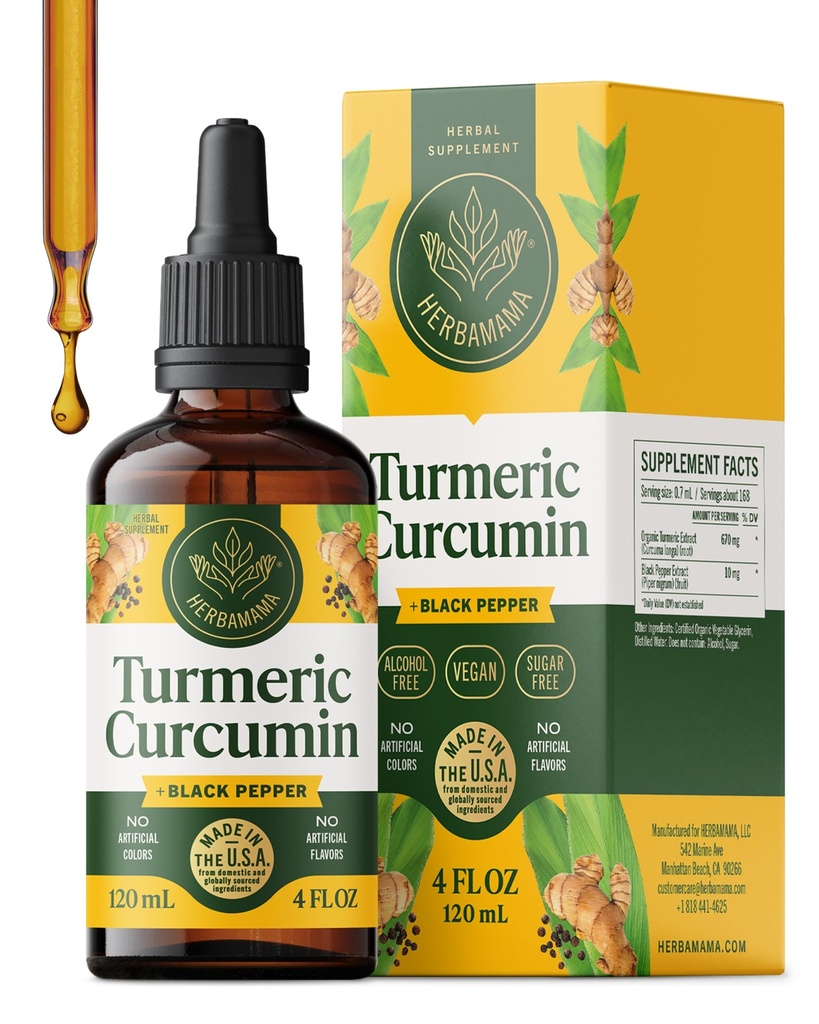 HERBAMAMA Turmeric Liquid Drops - Vegan Immune, Digestive & Mobility Support med gurkmeja Curcumin med Black Peppe Extract - Non-GMO, Alcohol & Sugar-Free Antioxidant Supplement - 56-Day Supply