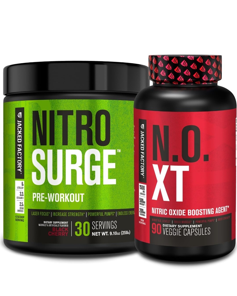 Jacked Factory Nitrosurge Pre-Workout i Black Cherry & N.O. XT Nitric Oxide Booster för Män & Kvinnor