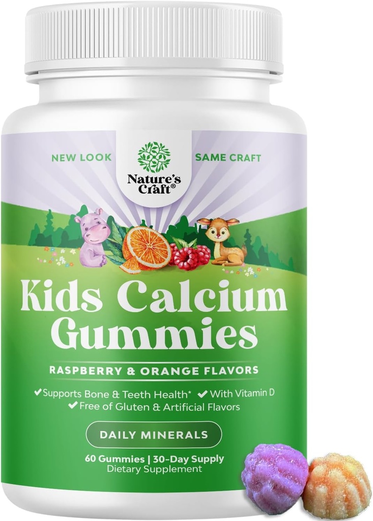 Natures Craft Tasty Kids Calcium Gummies - Vitamin D & Calcium Gummies för barn - Vitamin med & D för muskel benutveckling Gelatin-Free Kosher Barn 60ct (1 Pack)