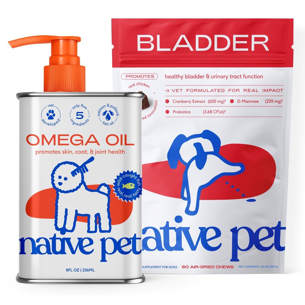 Native Pet Dog UTI-behandling över disk och fiskolja för hundar att stödja Itchy Skin + Mobility | 60 Chews & 8 Oz