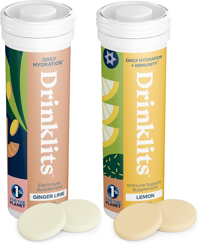 Drinklits Ginger-Lime Hydration & Lemon Immune Support (2) Tube Combo Pack | Stor smak - Dagliga Electrolytes - Vitaminer | 20 portioner (10 tabletter per Tube)