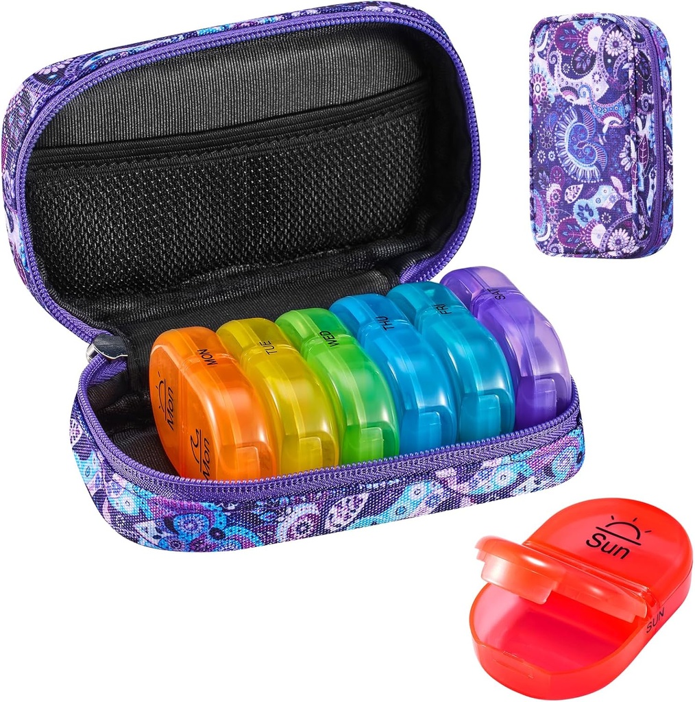 Serfeymi Weekly Travel Pill Organizer 2 Times A Day AM PM Uppgraderad Rainbow Pill Box 7 Dag med Portable Zipper Canvas Pill Case, Medicine Organizer för piller, vitaminer, fiskoljor - Lila 01