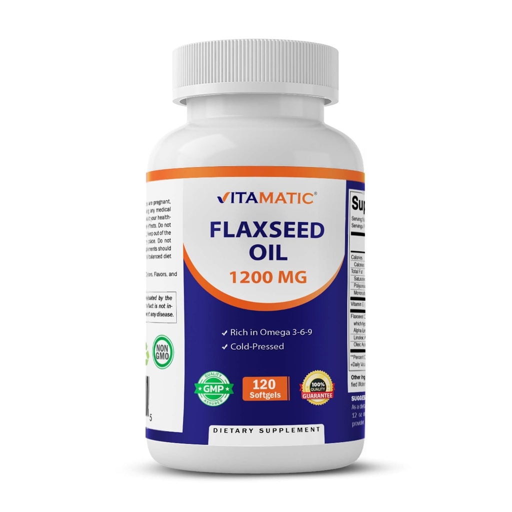 Vitamatic Flaxseed Oil 1200 mg - 120 Softgels Cold-Pressed Flaxseed Oil med 675 mg ALA Omega-3 - Stöder hjärthälsa och övergripande Wellness