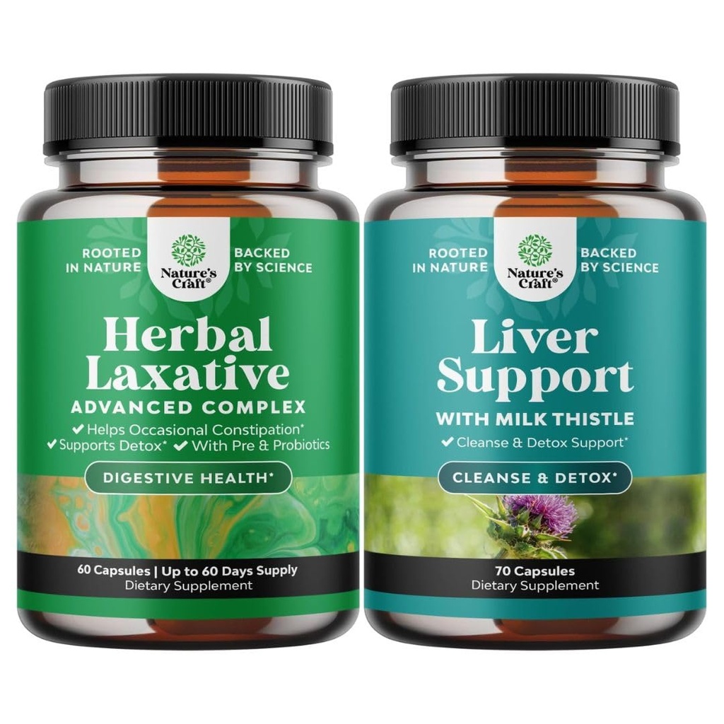Bundle of Herbal Laxative Capsules with Probiotics and Liver Cleanse Detox & Repair Formel - Natural Colon Detox Digestive Support System - Herbal Liver Support Supplement with Milk Thistle