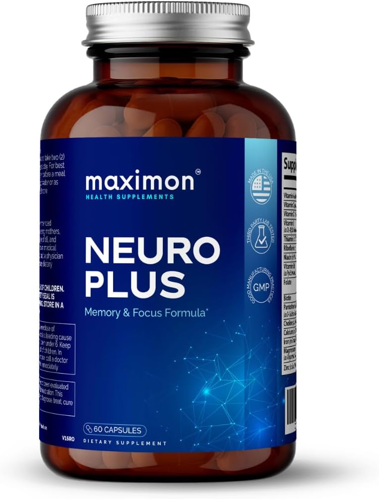 Neuro Plus Premium Nootropics, kognitiv förbättring, vitaminer för minne och fokus, mental klarhet med Bacopa extrakt, GABA, Huperzine A och DHA, 60 kapslar
