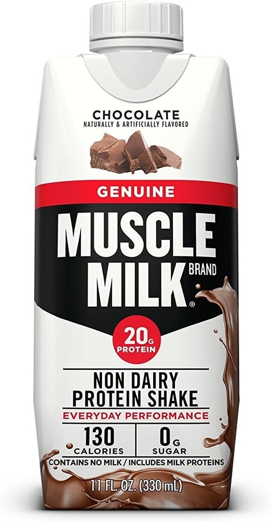 Muscle Milk Genuine Protein Shake, Chocolate, 11 Fl Oz Carton, 12 Pack, 25g Protein, Zero Sugar, Calcium, vitamin A, C & D, 5g Fiber, Energizing Snack, Workout Recovery, Packaging May Vary