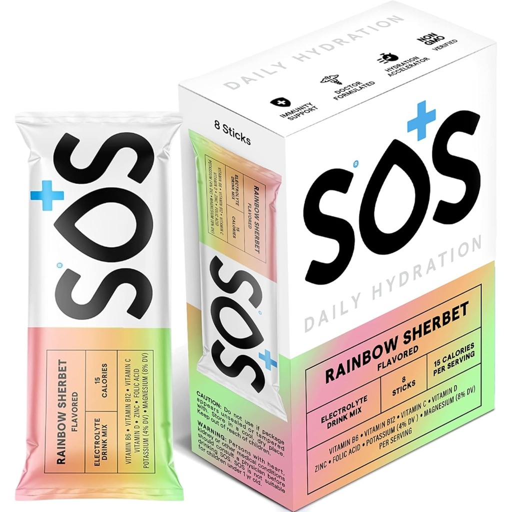 SOS Hydration Electrolyte Powder Stick Packs | Low Sugar | Snabb rehydrering | Tillverkad i USA | Keto | Rainbow Sherbert