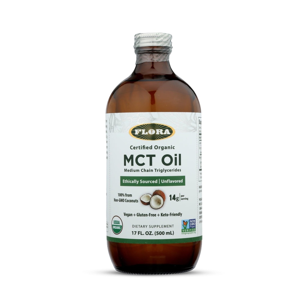 Flora Health MCT Oil Organic Energy Boost, C8 Caprylic & C10 Capric Acids, Keto, Kosher, Non-GMO Verified, 100% från etiskt och hållbart källade kokosnötter, 17 Fl Oz Liquid, Glass Bottle