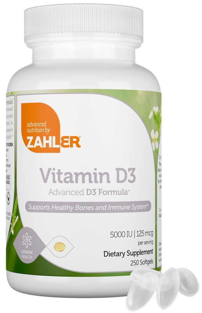 Zahler - Avancerad vitamin D3 5000 IE Softgels (250 greve) Kosher Vegetarian Friendly Vitamin D för immunstöd, ben, tänder och muskelhälsa - Daglig D3 Vitamin Supplement för vuxna - Easy Swallow V