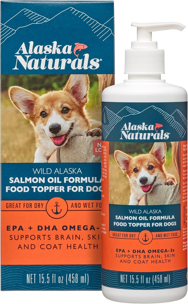 Alaska Naturals - Wild Alaska Salmon Oil Formel Dog Food Topper - EPA och DHA Omega-3 - Tillskott för hälsosam hud, Shiny Coat - Tillverkad i USA - 15,5 uns. Pump Bottle