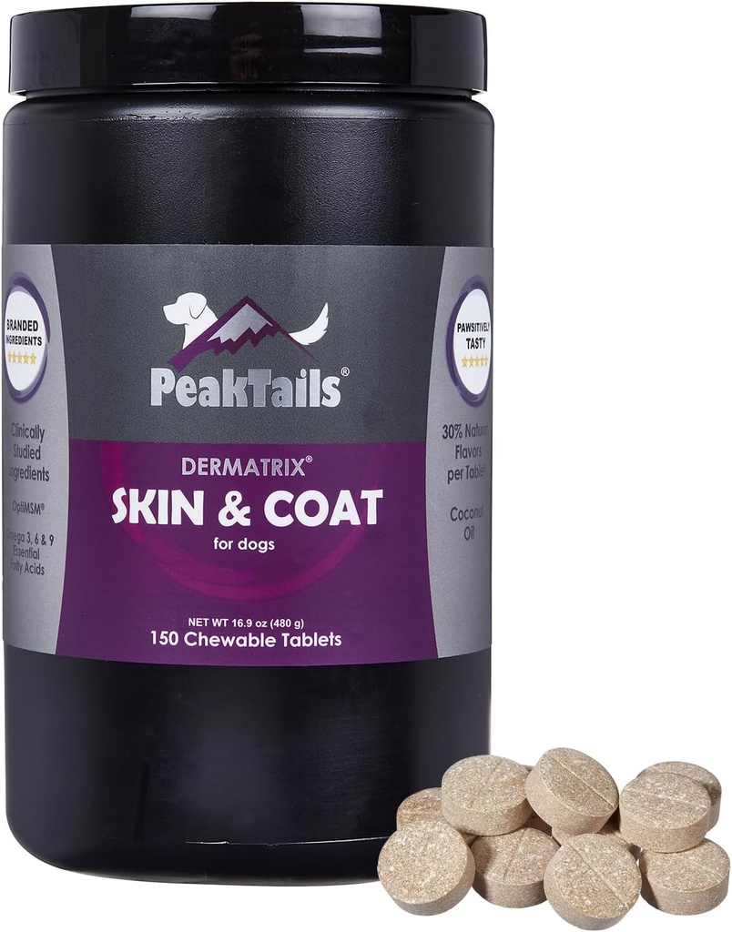 Kala Health PeakTails Skin & Coat Support för hundar - 150 tuggbara tabletter med MSM, fiskolja, Omega-3 & Omega-6 - Stöder hälsosam hud, Shiny Coat