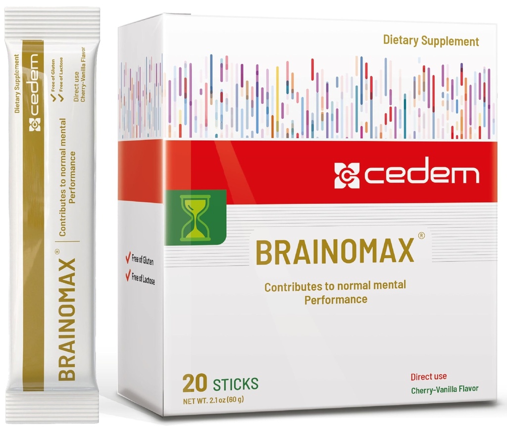 Schweiz BRAINOMAX 20 Powder Sticks, Brain Booster Supplement, Cherry-Vanilla smak med Citicoline, N-Acetyl-L-Carnitine, Nootropic Brain Supplements för minne och fokus, kognitivt stöd