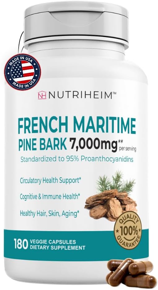 French Maritime Pine Bark Extract 7000mg med 95% Proanthocyanidins för cirkulation, hjärthälsa, hud, kognitivt stöd - 20:1 Ratio & 180 Veggie kapslar - Non-GMO, Gluten-Free, Vegan-Friendly