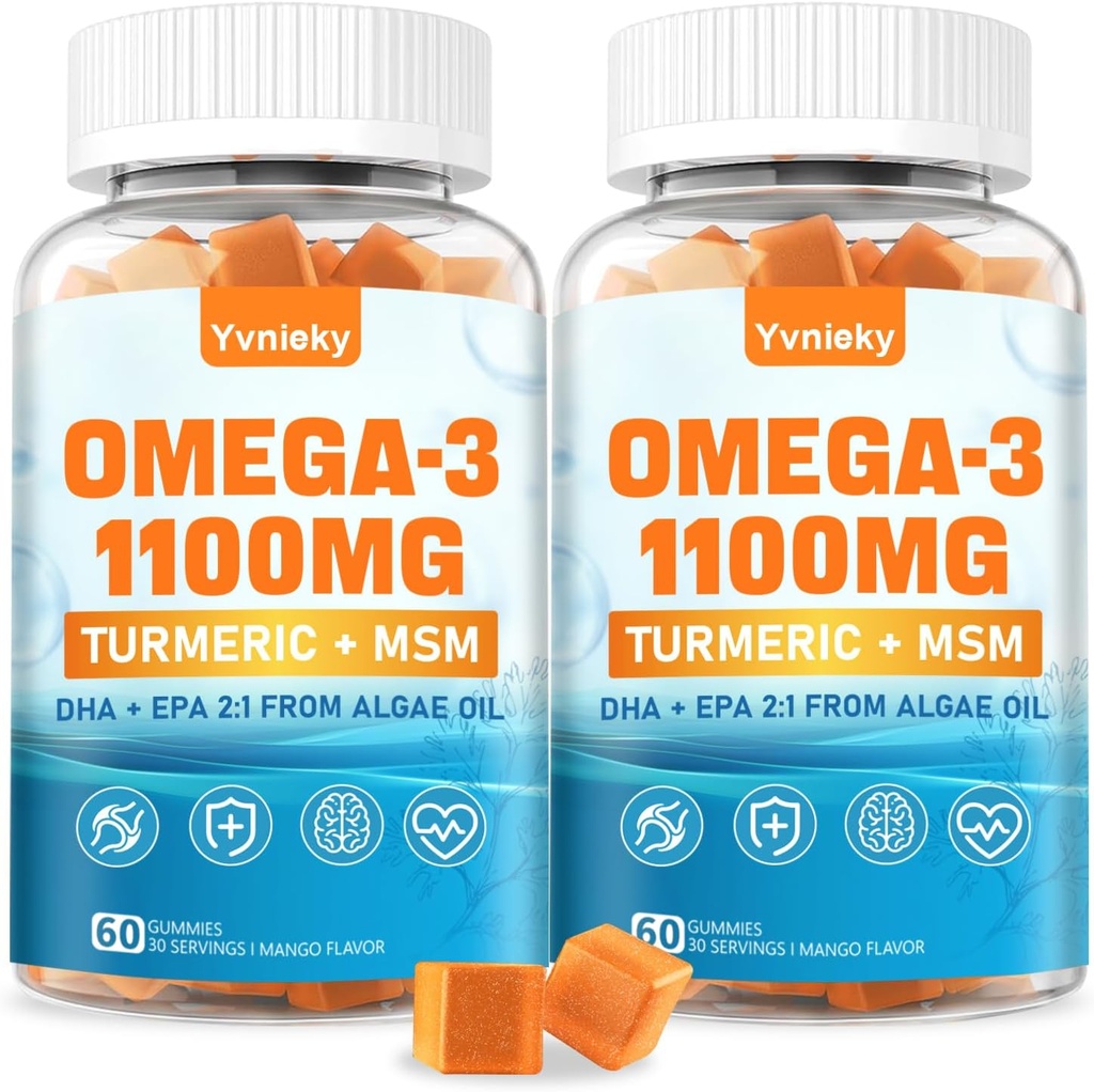 Vegan Omega 3 Supplement Gummies 1100m för vuxna - DHA 680mg & EPA 340mg med gurkmeja, MSM, vitamin C, E, D3, Zink - Alger Fiskolja Alternativ