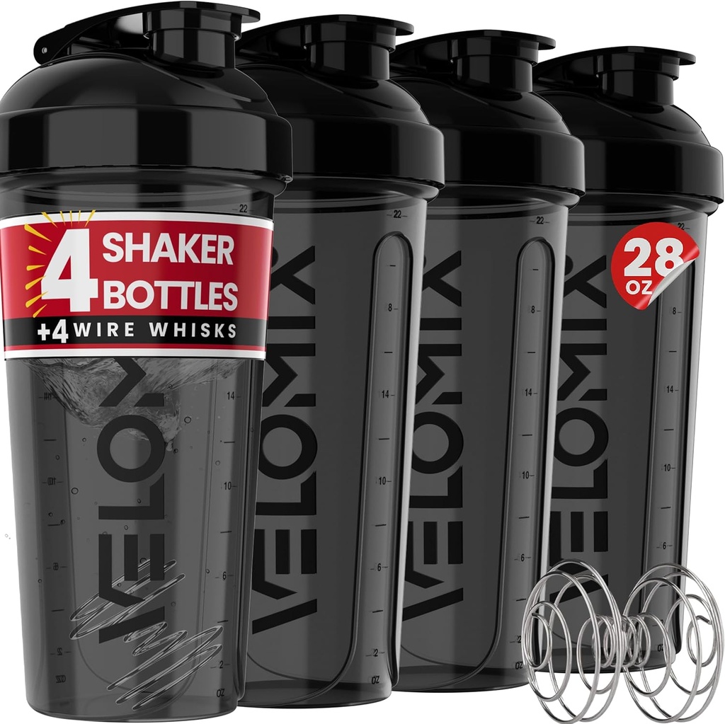 VELOMIX -4 PACK-28 oz Protein Shaker Bottle för proteinblandningar - 4x Wire Whisk | Leak Proof Shaker Cups för Protein Shakes | Protein Shaker Bottle Pack | Protein Shake Cup (All in Black)