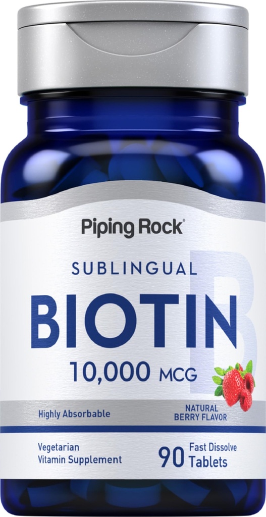 Piping Rock Biotin 10000mcg Fast Dissolve Tablets | 90 Count | Berry Flavor Sublingual Pills | Max Strength and High Absorption | Vegetarian, Non-GMO, Gluten Free Supplement