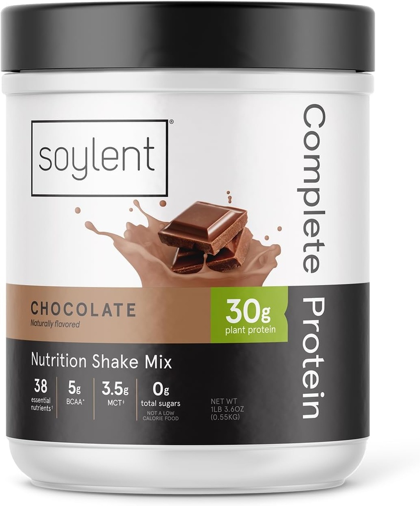 Soylent Complete Protein Powder, Chocolate, 30g Protein Shake för muskeltillväxt och återhämtning, BCAA, DHA, MCT, 28 Vitaminer och mineraler, Zero Sugar, Gluten Free, Vegan - 1,25lb