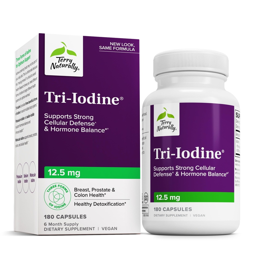 Terry Naturally Tri-Iodine - Stöd Thyroid Health - hjälper Hormonbalans med molekylär jod från Kelp - Funktioner Kaliumjodid och natriumjodid - Brain & Energy Support - 12,5 mg, 180 kapslar