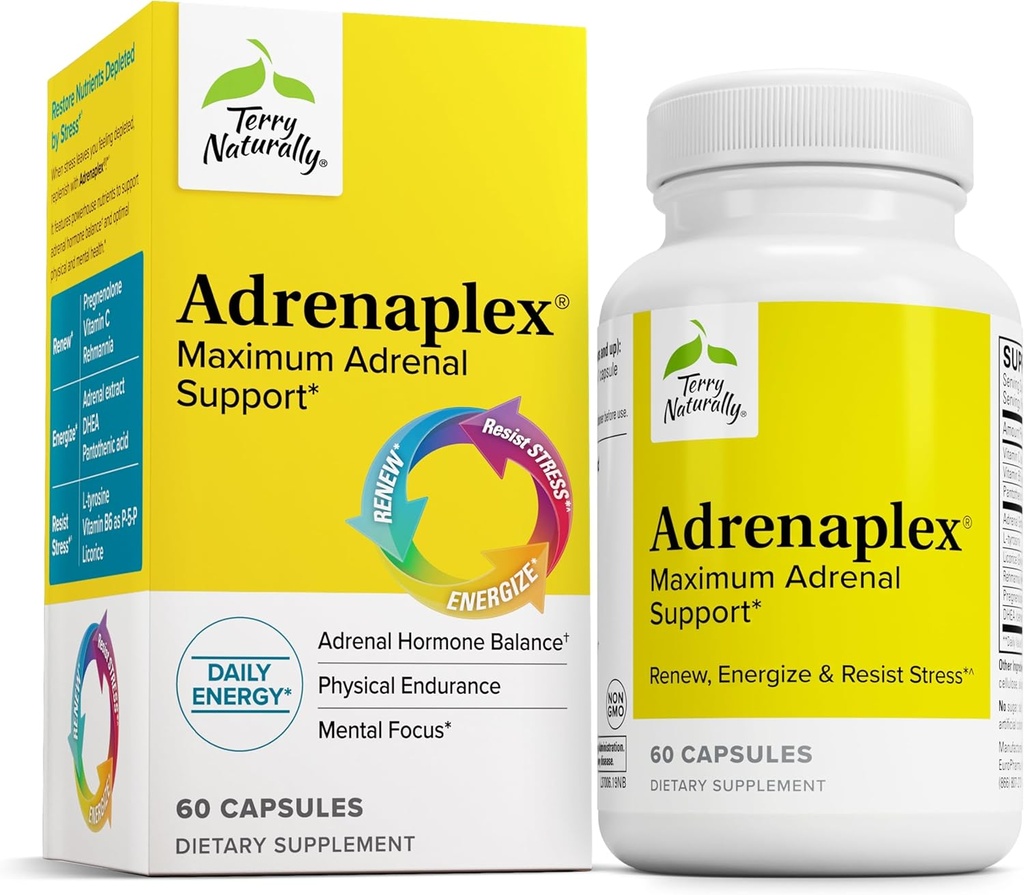 Terry Naturally Adrenaplex - Adrenal Gland Function Supplement - Glandular Support Supplement med vitamin C & B6 - Kosttillskott för att stödja hälsosam binjurfunktion - 60 kapslar