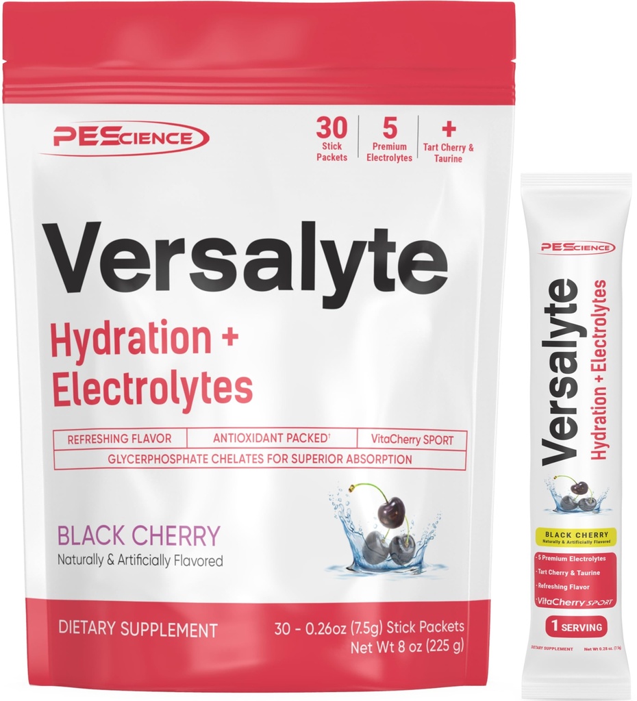 PEScience Versalyte Electrolyte Hydration Packets, Sugar Free Electrolyte Powder med Magnesium, Taurin, Antioxidanter, Trace Minerals - Black Cherry, 30 portioner