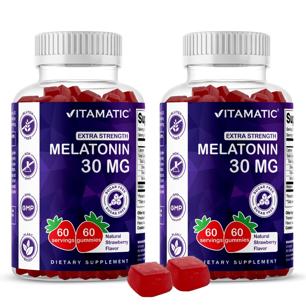 Vitamatic Sugar Free Melatonin 30mg per Gummy - 60 portioner - 60 Vegetariska Gummies - Icke-Habit Forming Supplement (60 greve av 2)