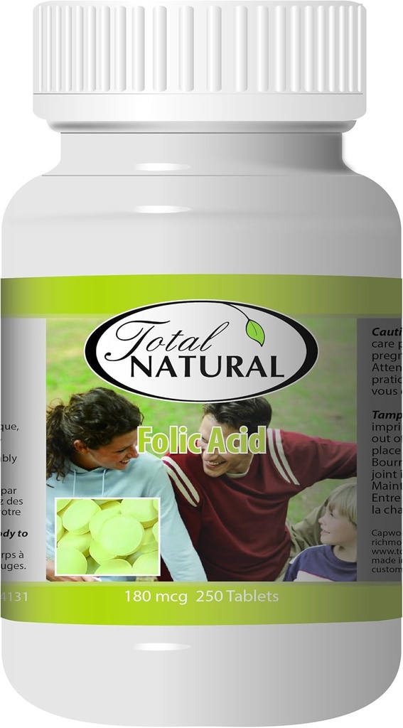 Folic Acid 180mcg 250t [1 Bottle] by Total Natural, Good for Pregnant Women, Healthy Development of Red Blood Cells