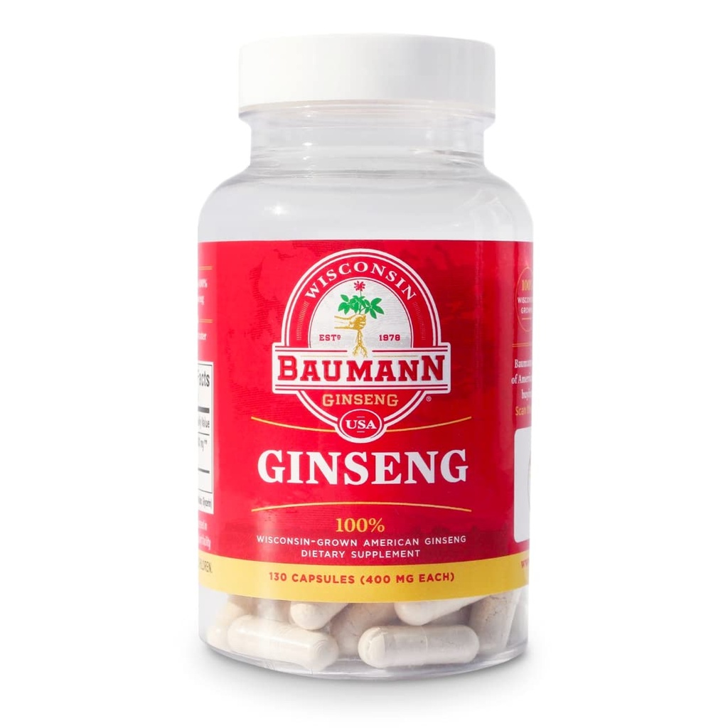 Baumann Wisconsin Ginseng Capsules 130 Pills 400 mg - Pure American Ginseng Root Extract Powder i varje piller - 100% naturlig Panax Ginseng Supplement för immunstöd, fokus och energi