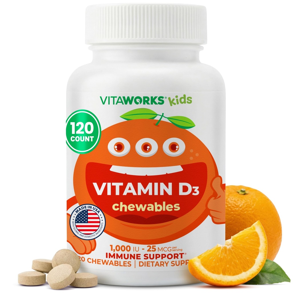 Barn Vitamin D 1000 IE Chewable Tablets - Tasty Natural Orange Flavor - Vegan, GMO-Free, Gluten Free, Nut Free Vitamins - Kosttillskott för immunstöd - för barn - 120 Chewables