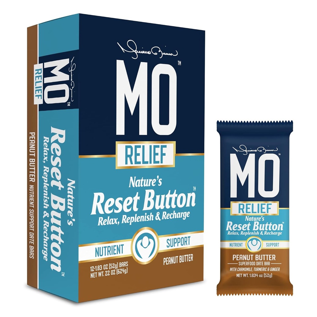 "MO RELIEF" BARS - All-Natural Superfood Snack Bar - Recovery Snack Bars - Efter träning näringsstöd med datum, kamomill, gurkmeja och ingefära - (12 barer i en låda) (Peanut Butter)