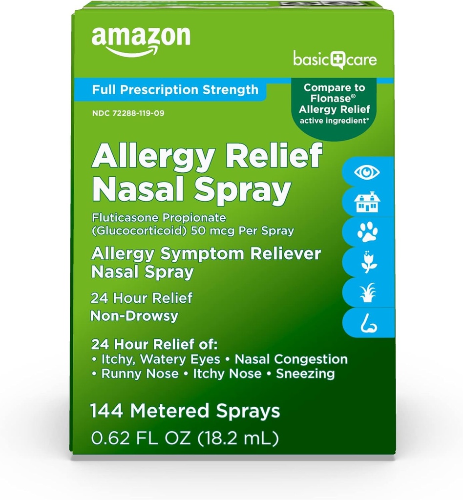 Grundläggande vård 24-timmars allergilindring Nasal Spray, Fluticasone Propionate (Glucocorticoid), 50 mcg, Full receptbelagd styrka, Non-Drowsy, 0,62 fl oz (Pack av 1)