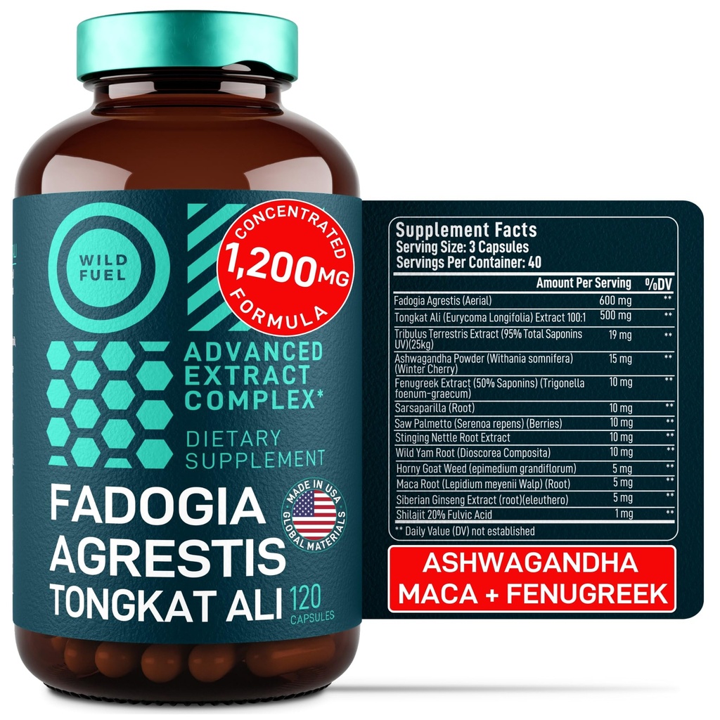 Fadogia Agrestis och Tongkat Ali Supplement - 600mg Fadogia Agrestis för män, 500mg Longjack Tongkat Ali, Ashwagandha Maca Fenugreek Complex - Muscle Strength, Energy, Mood Support - 120 kapslar